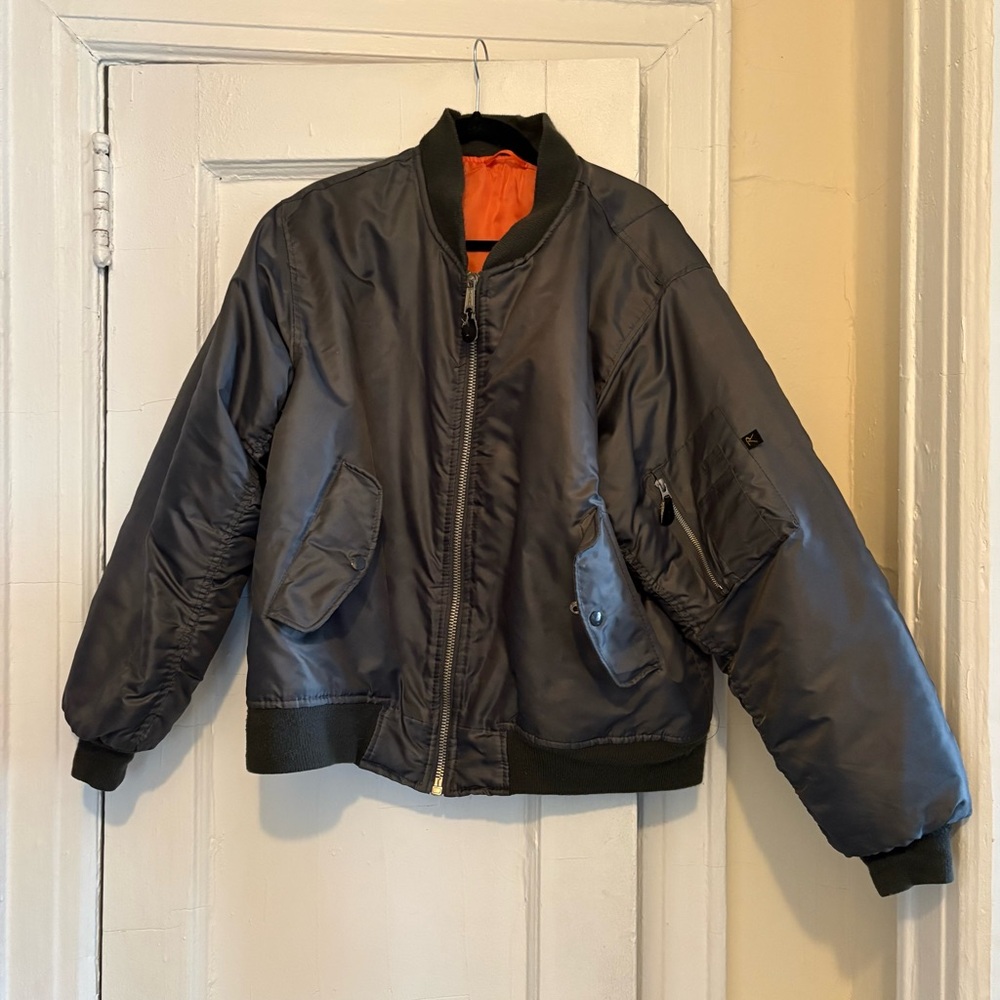 Gray Bomber Jacket With Orange Lining - image 1